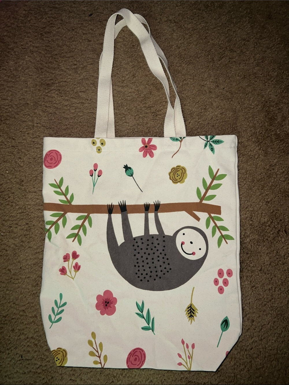 Cute Sloth Canvas Tote Bag in White with Floral Print